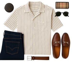 Burberry London Striped Short-Sleeve Shirt Men’s S Cream Navy Heritage Core EUC